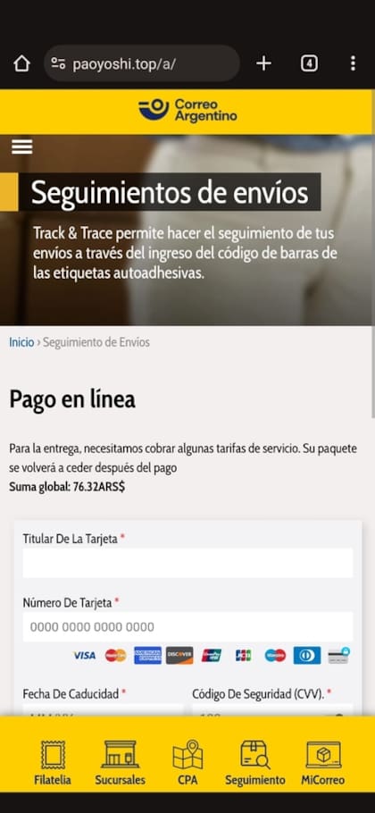 Parece la página del Correo Argentino, pero es un sitio falso