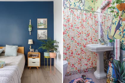 Pared 'Azul laguna', de la paleta 'Mesopotamia' de Sherwin Williams. Cuadros 'Paraíso' (Raw Murales). Cama (Calyfornio). Macetas (Roma Objetos). En el toilette, donde no se usa la ducha, mural 'Edén' y cortina 'Dido' (Raw Murales).
