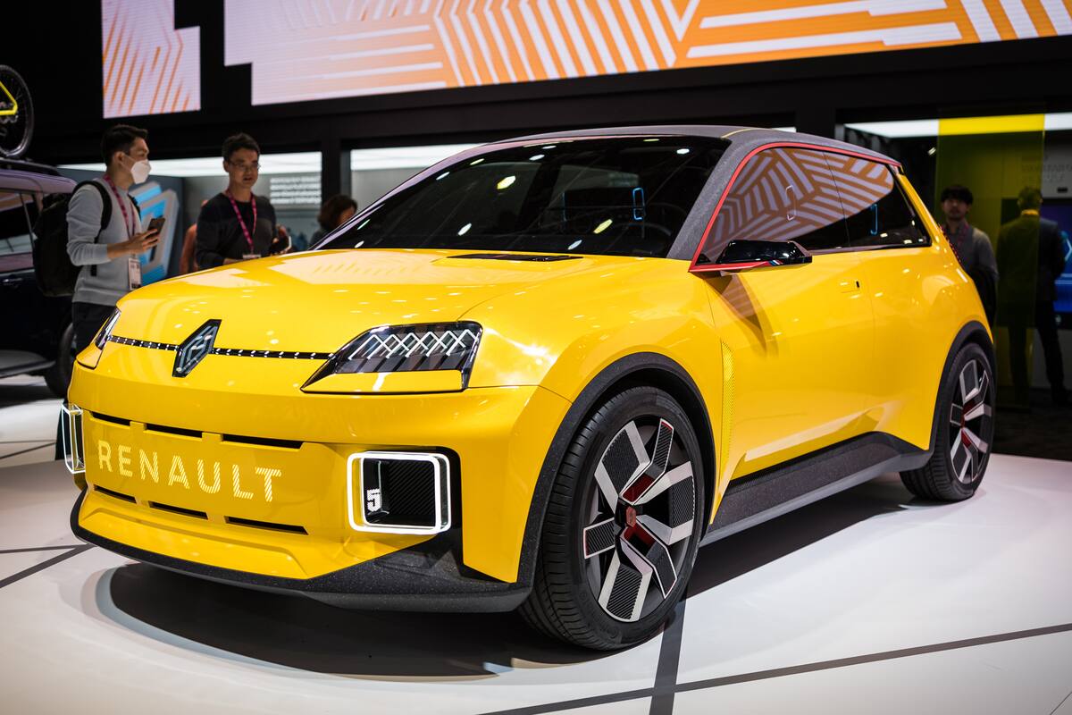 PARIS, FRANCE - OCTOBER 17: The Renault 5 Electric is displayed on the Renault booth during the "Mondial De L'Automobile" at Parc des Expositions Porte de Versailles on October 17, 2022 in Paris, France. The Paris Motor Show will present the latest models from the world's leading car manufacturers at the Paris Expo Exhibition Center from October 17 to October 23, 2022. (Photo by Richard Bord/Getty Images)