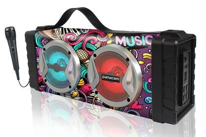 Parlante inalámbrico. Un buen regalo para quienes llevan su música a todas partes es el SP3068, de Panacom. Tiene conexión Bluetooth, efectos de luces, micrófono con cable, radio y batería recargable ($7000).