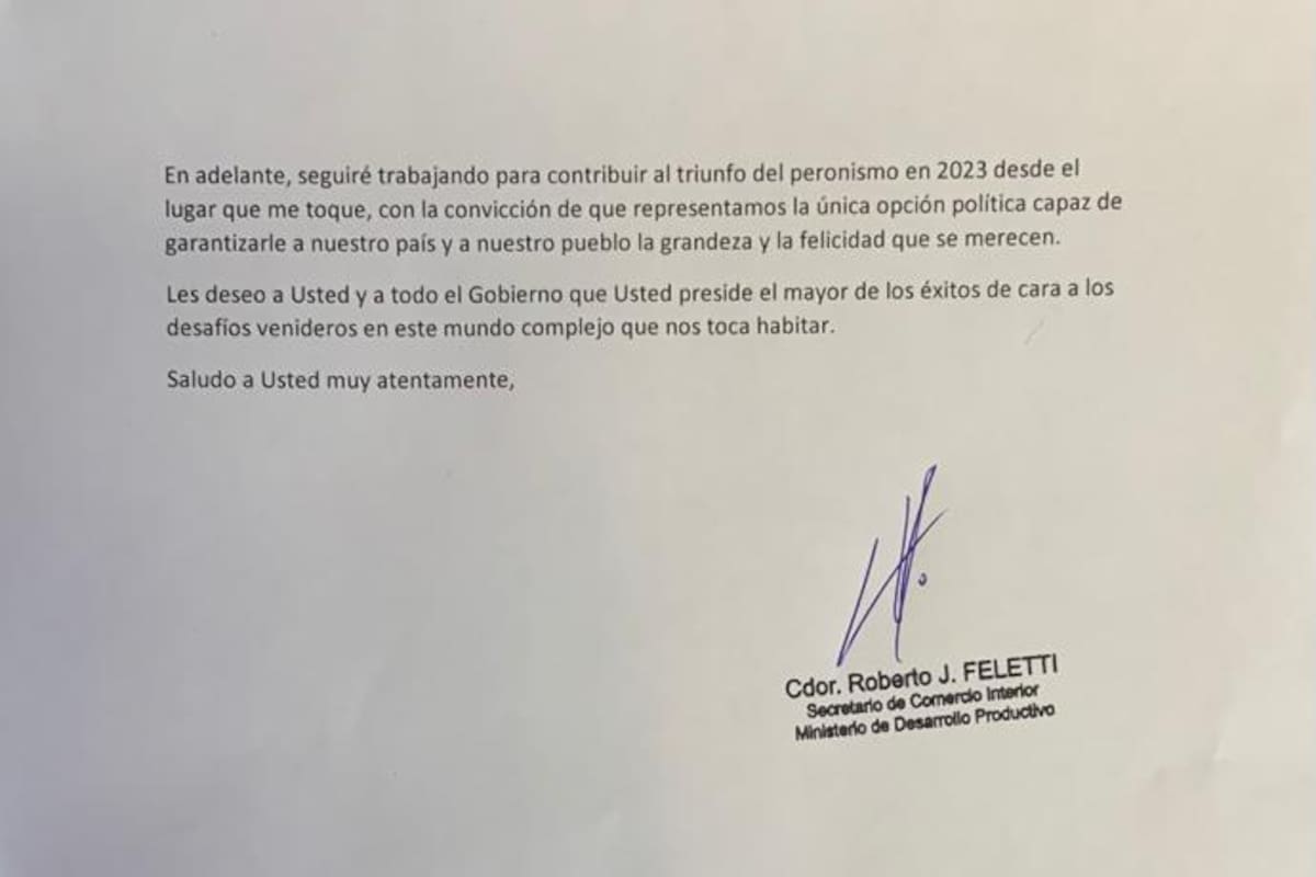 Parte de la carta de Roberto Feletti al presidente Alberto Fernández