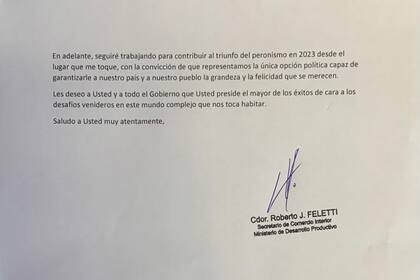 Parte de la carta de Roberto Feletti al presidente Alberto Fernández