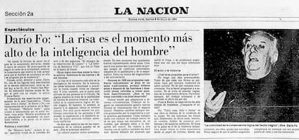 Parte de la nota de anticipo de LA NACION de cuando el actor llegó a Buenos Aires en mayo de 1984