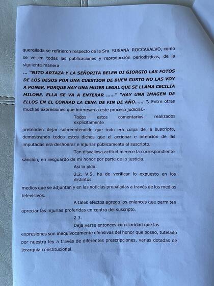 Parte de la querella contra Susana Roccasalvo (Foto: LA NACION)