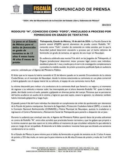 Parte del comunicado de prensa de la Fiscalía del estado de México