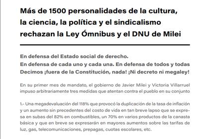 Parte del documento firmado por diferentes referentes y personalidades
