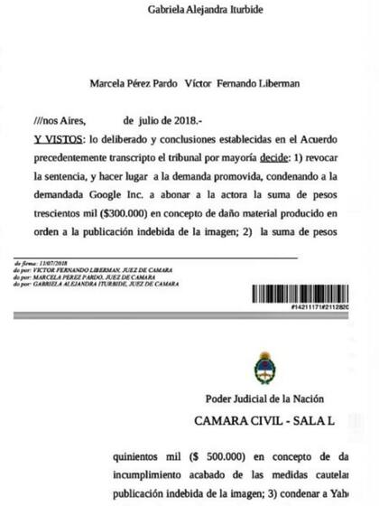 Parte del fallo a favor de Valeria Mazza
