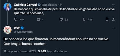 Parte del intercambio entre Wolff y Cerruti en las redes sociales