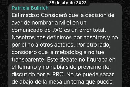 Parte del mensaje que mandó Patricia Bullrich a sus socios