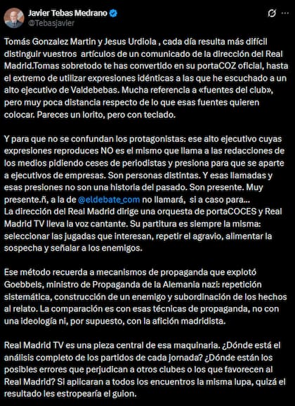 Parte del posteo de Javier Tebas en X