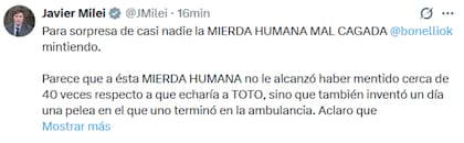 Parte del tuit de Milei contra Bonelli