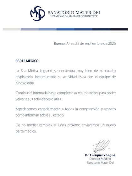 Parte médico Mirtha Legrand - 25 de septiembre