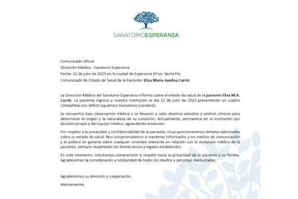 Parte médico oficial sobre la salud de Elisa Carrió