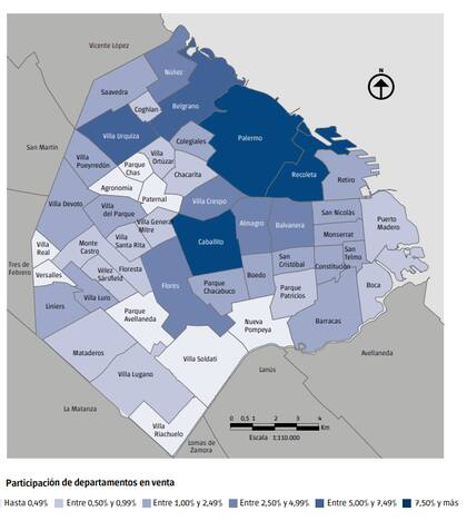 Participación de departamentos en venta, según el Gobierno de la ciudad.