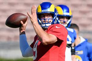 PASADENA, CA - FEBRUARY 10: Quarterback Matthew Stafford #9 of the Los Angeles Rams throws during practice in preparation for Super Bowl LVI at the Rose Bowl on February 10, 2022 in Pasadena, California.The Rams play against the Cincinnati Bengals on Sunday. Kevork Djansezian/Getty Images/AFP (Photo by KEVORK DJANSEZIAN / GETTY IMAGES NORTH AMERICA / Getty Images via AFP)
