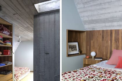 Pasando el vestidor que recibe luz natural de una claraboya, el dormitorio de los dueños de casa.