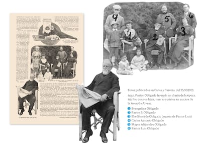 Pastor Servando Obligado ocupó varias páginas en Caras y Caretas. Nótese en la imagen familiar que aparece con un ejemplar de su obra Tradiciones Argentinas en la mano.