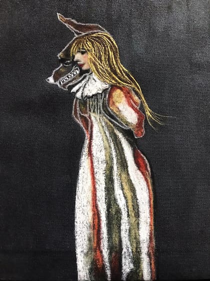 Pato realizó una pintura representando su dualidad. La figura femenina representa la parte intelectual/ científica, y el lobo representa la parte artística de los cuentos tratando de abrirse camino y salir a la luz.