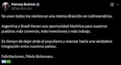 Patricia Bullrich dijo que la Argentina y Brasil tienen una "oportunidad histórica" para generar más comercio e inversiones
