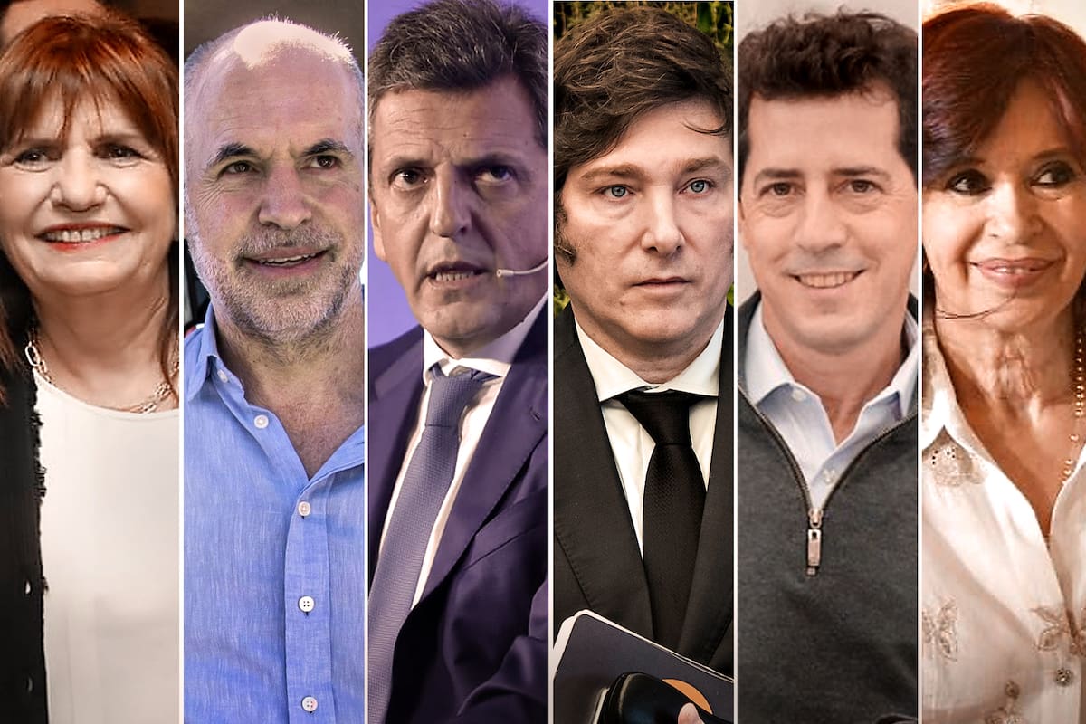 Patricia Bullrich, Horacio Rodríguez Larreta, Sergio Massa, Javier Milei, Eduardo de Pedro y Cristina Kirchner