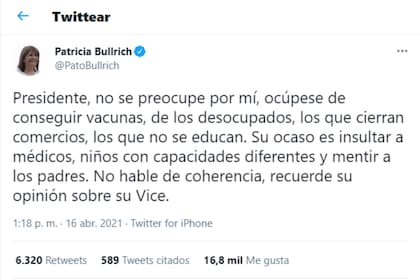 Patricia Bullrich le respondió a Alberto Fernández por sus dichos durante la conferencia