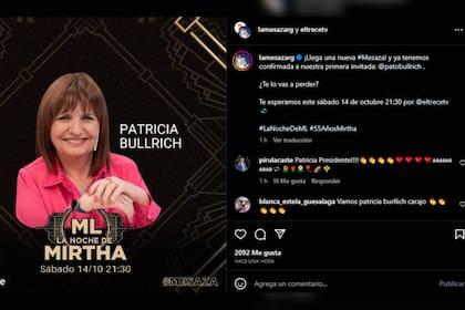Patricia será la próxima invitada de Mirtha (Captura Instagram @lamesazarg)