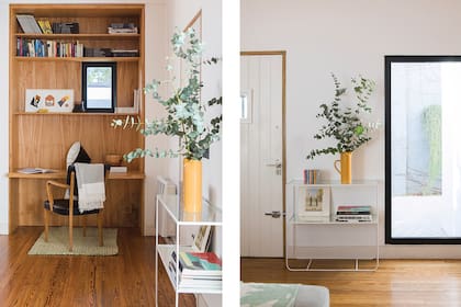 Paula cambió el lugar del acceso para que no quedara tan expuesto, pero conservó la puerta original. Junto a ella ubicó su escritorio, de petiribí (Ramón Argüello). Mesa de hierro con estantes de vidrio modelo U! (Bronx Decor).