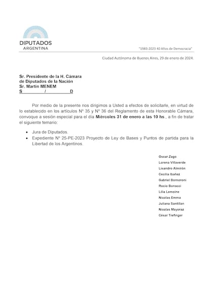 Pedido de sesión en Diputados
