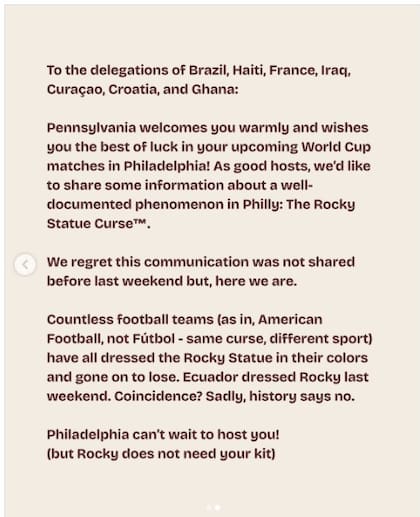 Pensilvania recomendó a los hinchas que no vistan la estatua de Rocky con sus camisetas: "Está maldita"