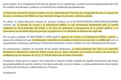 La dirección Previsional de la Anses, bajo la gestión de Alejandro Vanoli, hizo lugar al pedido que realizó LA NACION en enero y respaldó su decisión en un pedido similar del 2018
