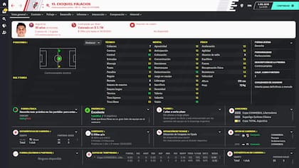 Perfil de Exequiel Palacios en el videojuego Fútbol Manager 2020.