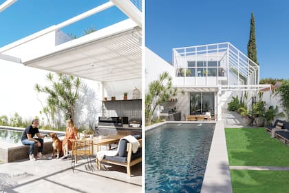 Pérgola construida con placas de policarbonato cristal, que deja pasar la luz, y madera kiri pintada de blanco (Pimar).