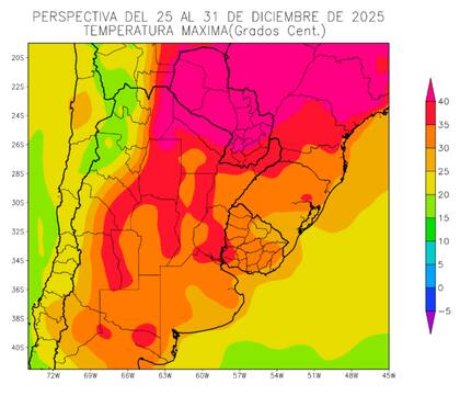 Perspectiva del 25 al 31 de diciembre del 2025 temperatura máxima