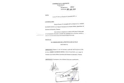 Decreto mediante el cual el gobernador Sergio Uñac decidió echar a un funcionario