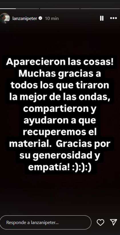 Peter Lanzani contó que recuperó los objetos que le habían robado en Neuquén (Captura: Instagram @lanzanipeter)