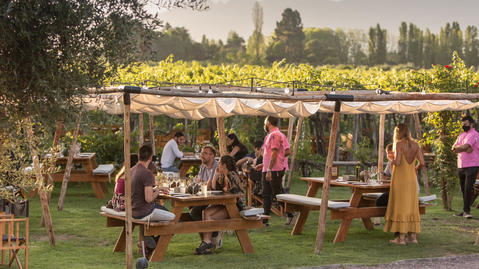 El estilo glamping al atardecer en el viñedo de Kaiken Wines.