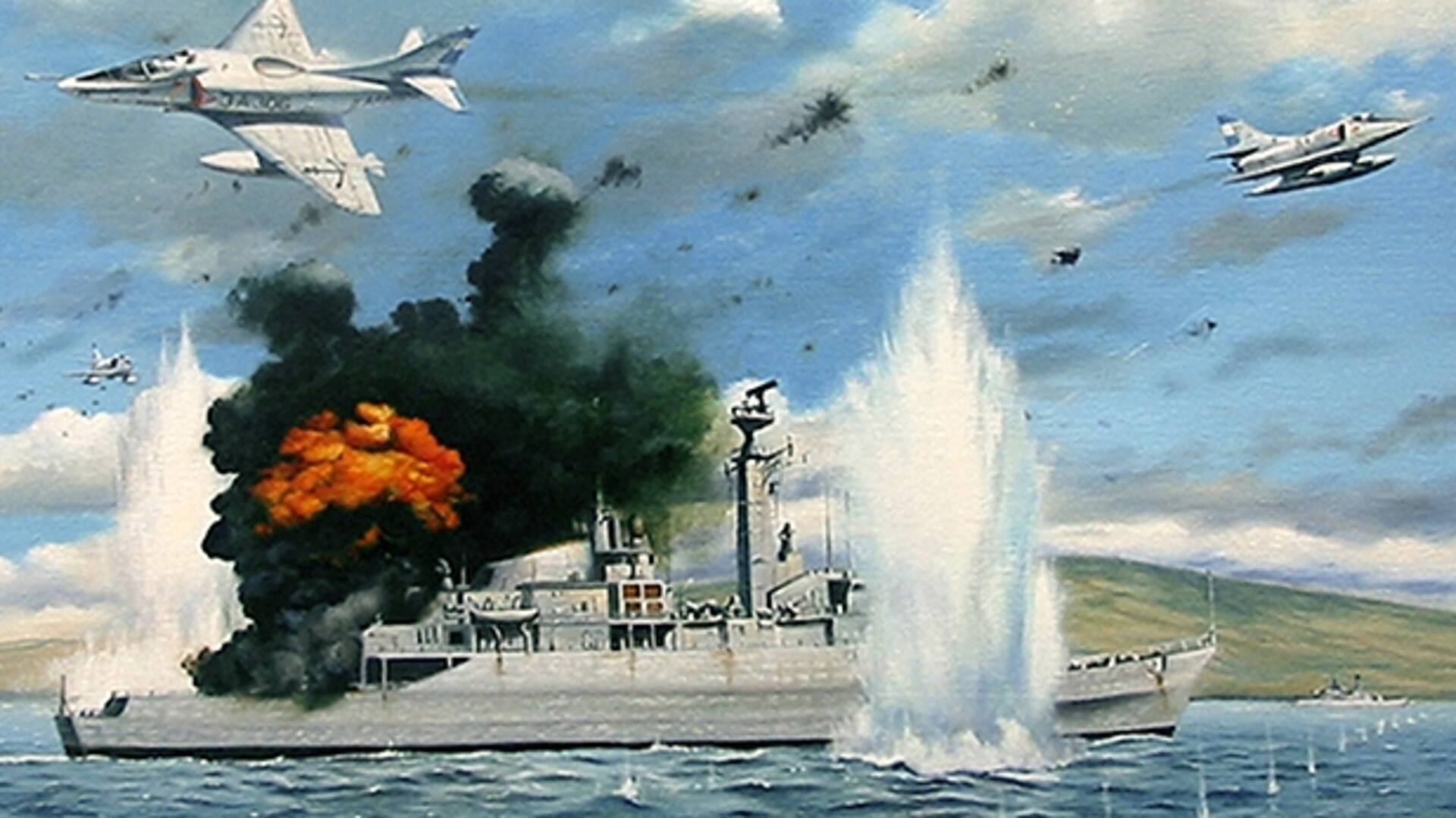 Pintura de la segunda oleada de la aviación naval que hunde la HMS Ardent