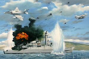 Pintura de la segunda oleada de la aviación naval que hunde la HMS Ardent