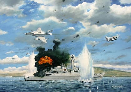 Pintura de la segunda oleada de la aviación naval que hunde la HMS Ardent