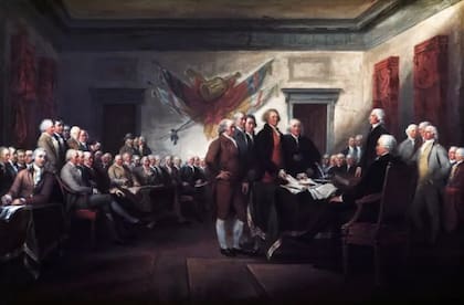 Pintura de líderes presentando la Declaración de Independencia que muestra a Thomas Jefferson, John Adams, Roger Sherman, Robert Livingston y Benjamin Franklin