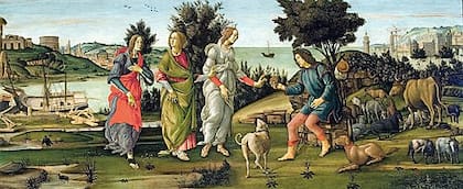 Pintura que representa el juicio de Paris por Sandro Botticelli (Fundación Giorgio Cini, Venecia)
