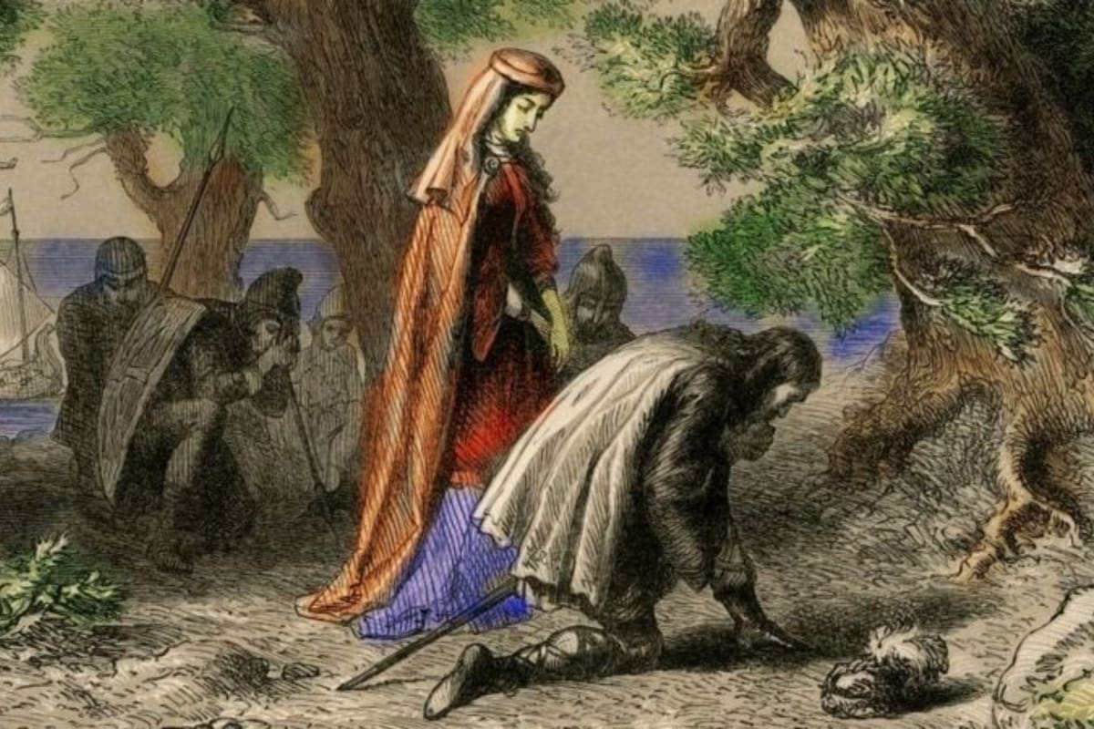 Pintura "Thorfin y Gudrid en la orilla de Vineland" (1877)