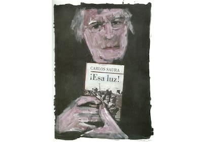 Autorretrato de Saura, con un ejemplar de su novela publicada en 1995