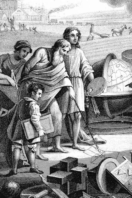 Pitágoras dibujando en la arena su famoso teorema. Este es un grabado que data de 1833