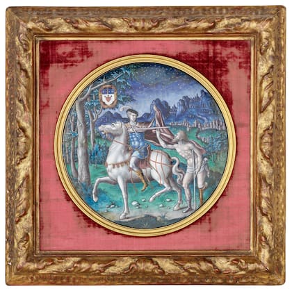 Placa circular de esmalte parcialmente dorado que representa a San Martín y el mendigo cojo
Limoges, atribuida a Pierre Reymond, mediados del siglo XVI. Estimación: £30.000-50.000