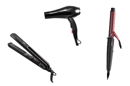 Planchita de pelo Atma PL8840N con placas de turmalina (Atma/ $1990). Secador profesional Full Technology 5000 Teknikpro (Las Margaritas / $3990). GA.MA Ceramic 33 Mm aprox (GA.MA. / $3600).