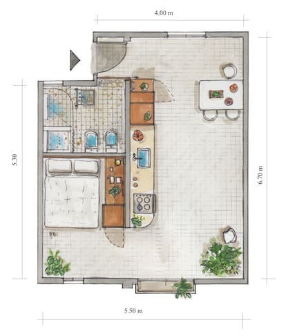 Plano detallado de la planta, que quedó organizada con el agregado de un gran mueble multifunción.