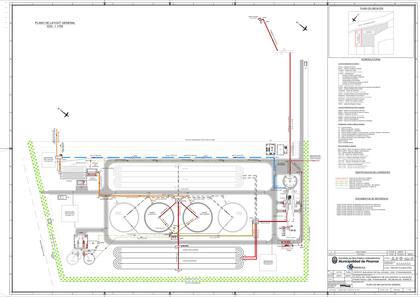 Plano general del proyecto de la Planta de Tratamiento de Efluentes Cloacales de Pinamar, con la disposición de las zanjas de oxidación, sedimentadores, estaciones de bombeo y áreas operativas