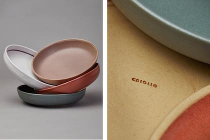 Platos de la más reciente colección de Criollo Utilitarios, en gres con esmaltes 'verde laurel', 'rojo buey' y blanco opaco.