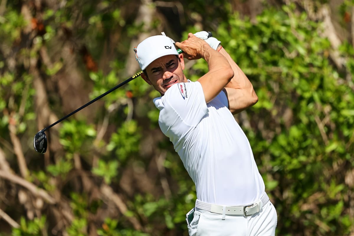 PLAYA DEL CARMEN, MEXICO - DECEMBER 05: Camilo Villegas of Colombia plays his shot from the third tee during the third round of the Mayakoba Golf Classic at El Camaleón Golf Club on December 05, 2020
